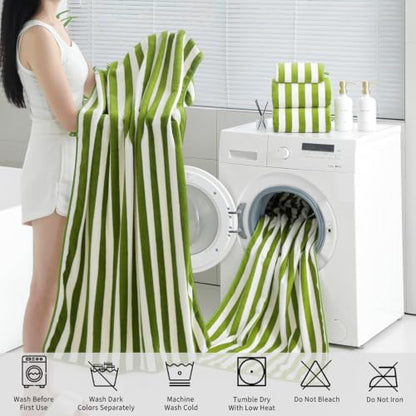 18 Pcs Green Stripe Bath Towel Set with Hanging Loop-6 Bath Towels,6 Hand Towels,6 Washcloths Soft Family Towels Set Bathroom Towel Highly Absorbent Quick Dry Shower Towel for Beach Spa Gym Hotel
