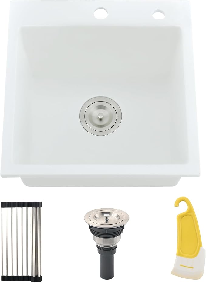 18 Inch Drop In Kitchen Sink, White | Granite Composite Drop In Sink Single Bowl Outdoor Quartz Rectangular Topmount Deep Basin with Small Rubber Squeegee,18x19x10