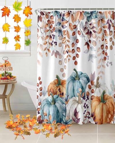 Shower Curtain Bathroom Set Fall Thanksgiving Pumpkin Orange Eucalyptus Leaf Waterproof Shower Curtains with Grommets Hooks Autumn Fallen Leaves Privacy Bath Curtain for Bathtub Decor 36x72in