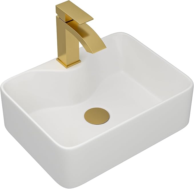 Dcolora 16 in. White Vessel Sink, Rectangular Porcelain Ceramic Above Counter Sink, Small Bathroom Sink with Gold Accessories,12"D x 16"W x 5"H #DC-SFDOE00084