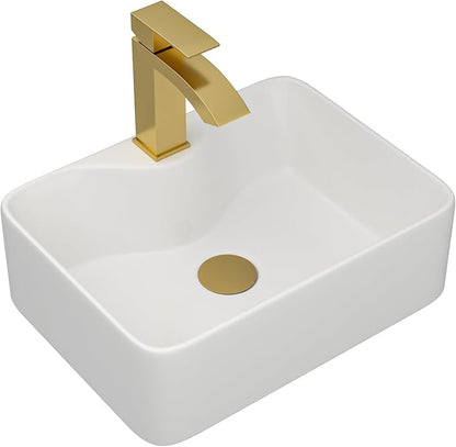 Dcolora 16 in. White Vessel Sink, Rectangular Porcelain Ceramic Above Counter Sink, Small Bathroom Sink with Gold Accessories,12"D x 16"W x 5"H #DC-SFDOE00084