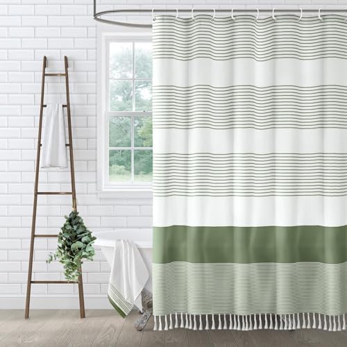 Sage Green Boho Cotton Striped Shower Curtain with Tassel 72"W X 78"L