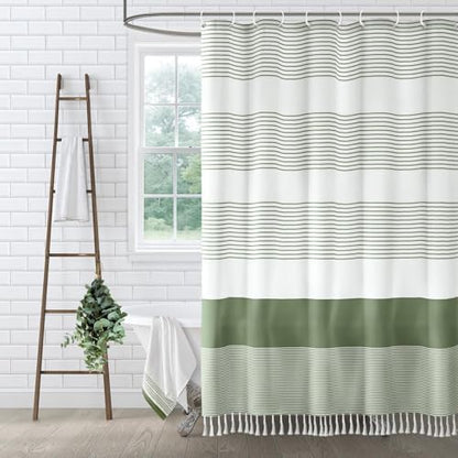 Sage Green Boho Cotton Striped Shower Curtain with Tassel 72"W X 78"L