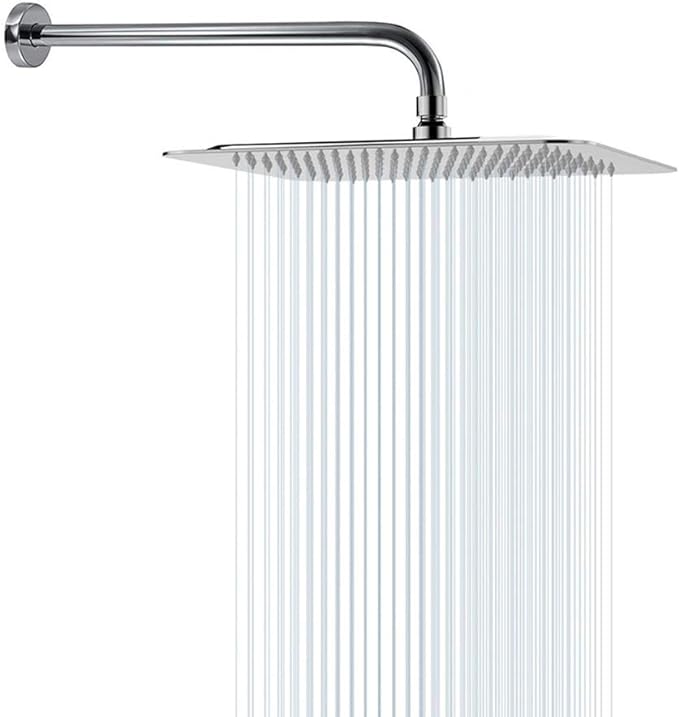 NearMoon Square Rain Shower Head With Extension Arm, Large Stainless Steel Rainfall Shower-Waterfall Full Body Coverage (12 Inch, Chrome)