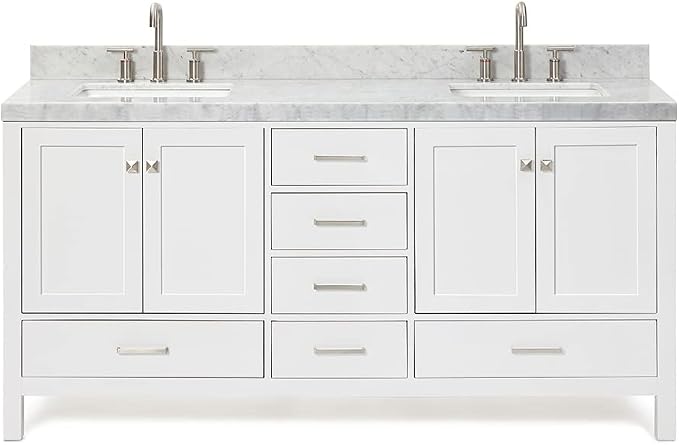 ARIEL Cambridge 72-inch Bathroom Vanity with Sink,Solid Wood, 2-inch Italian Carrara Marble Countertop, Double Rectangular Porcelain Sink, 4 Soft Closing Doors, 6 Dovetail Drawers, White