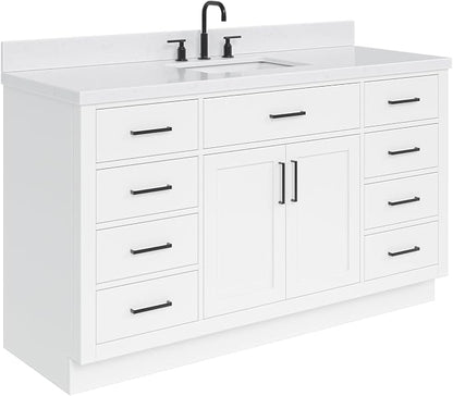 ARIEL Hepburn 60-inch Bathroom Vanity with Sink,Solid Wood, 1.5-inch Carrara White Quartz Countertop & Backsplash, Single Rectangular Porcelain Sink, 2 Soft Closing Doors, 9 Dovetail Drawers, White