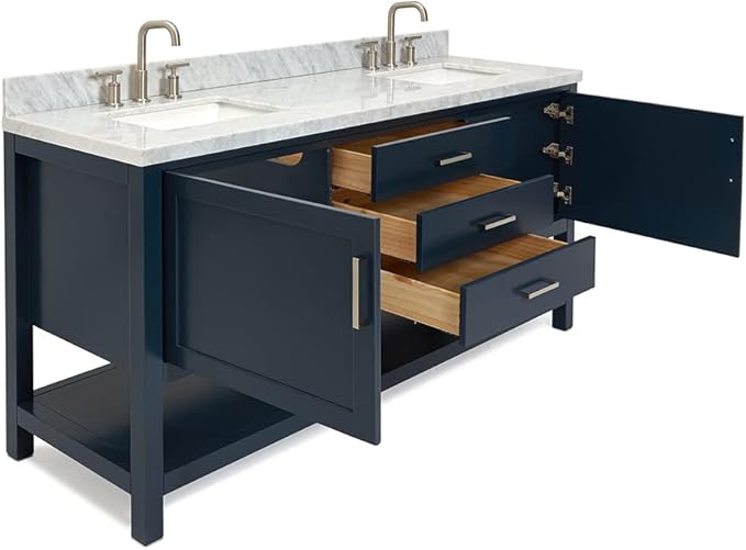ARIEL Bayhill 72-inch Bathroom Vanity with Sink,Solid Wood, 1.5-inch Italian Carrara Marble Countertop, Double Rectangular Porcelain Sink, 2 Soft Closing Doors, 3 Dovetail Drawers, Midnight Blue