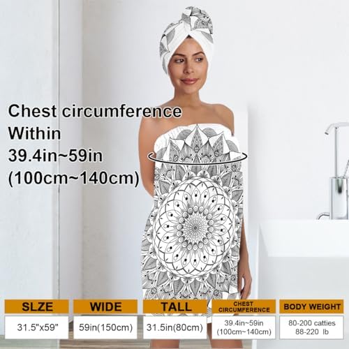 Mandala Microfiber Bath Wrap Set with Hair Towel, Mandala Floral Black and White Design, 31.5x59 inches