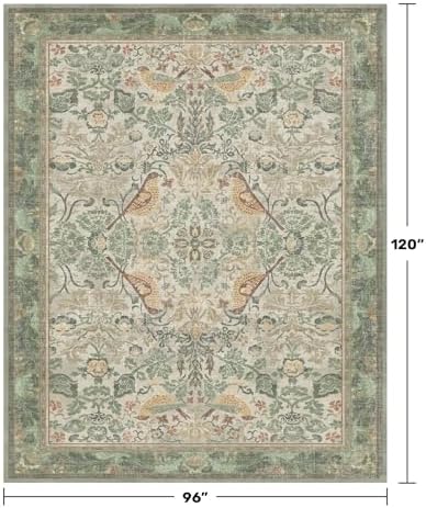 Hazo Haus Washable Floral Bird Rugs for Living Room - Sage Green 8x10 Area Rugs for Bedroom Under Bed, Dining Room Kitchen Table Rug for Under Table, Nature Botanical Decor, Stain Resistant Non-Slip