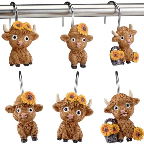 Roowest 12 Pcs Highland Cow Shower Curtain Hooks Sunflower Farmhouse
