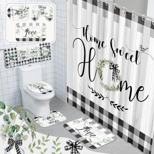 FuWeave 8 Pcs Shower Curtain Bathroom Sets, Black White Rug Plaid Mat
