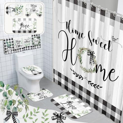 FuWeave 8 Pcs Shower Curtain Bathroom Sets, Black White Rug Plaid Mat