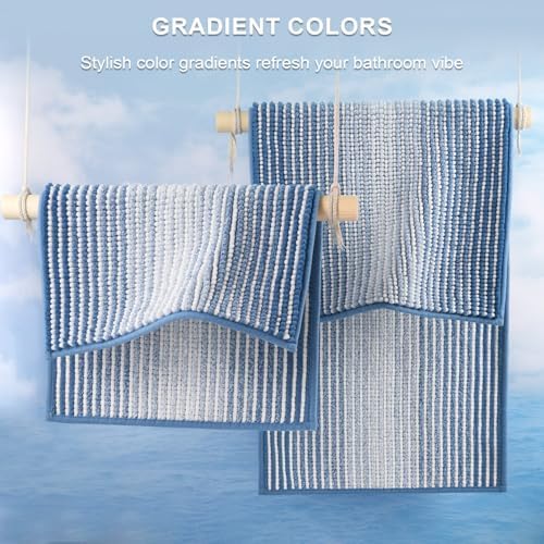 BSICPRO Bathroom Rugs Sets 2 Piece, Non Slip Striped Bath Mats, Sky Blue