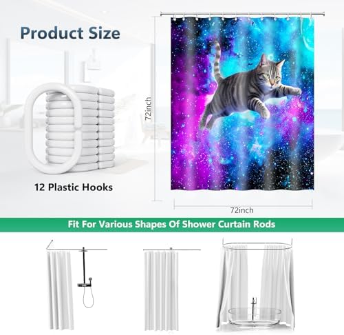 Space Tabby Cat Blue Purple Nebula Shower Curtain with Hooks 72 x 72 Inches