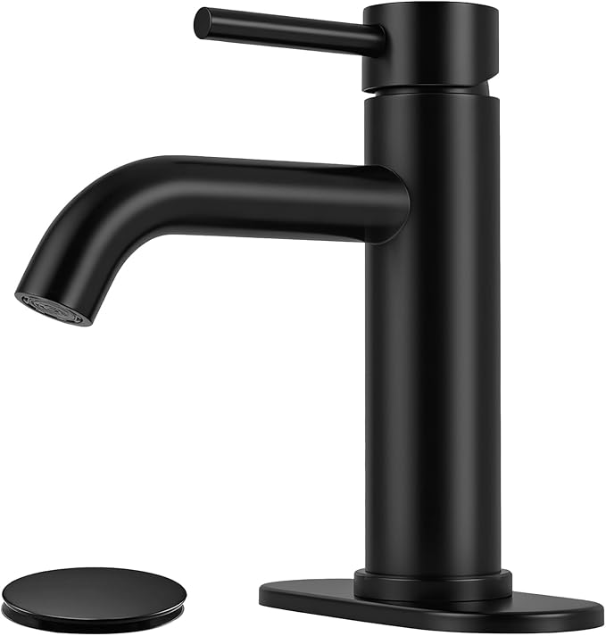 Matte Black Bathroom Faucet Single Handle Bathroom Sink Faucet | with Pop-up Drain & Deck,Supply Hoses,Stainless Steel Bathroom Sink Faucet 1/3 Hole,Water-saving aerator,Fits home,RV