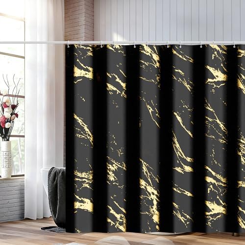 Black and Gold Shower Curtain, Black Marble Shower Curtain, Modern Fabric Shower Curtains for Bathroom, Black and Gold Texture Shower Curtain Set with Hooks 72x72