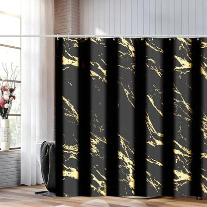 Black and Gold Shower Curtain, Black Marble Shower Curtain, Modern Fabric Shower Curtains for Bathroom, Black and Gold Texture Shower Curtain Set with Hooks 72x72