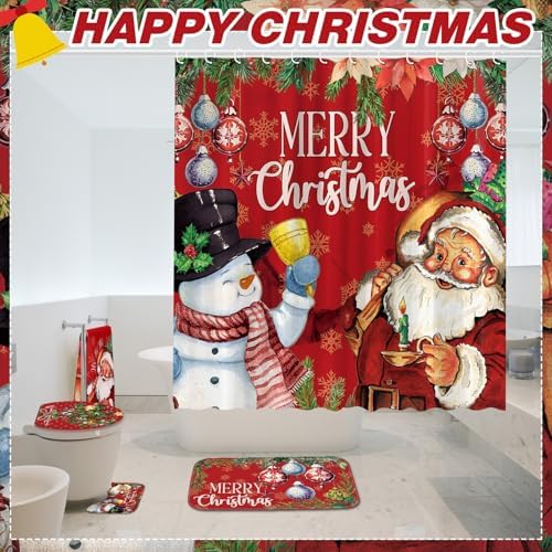 FuWeave 8 Pcs Christmas Shower Curtain Set Bathroom Decor