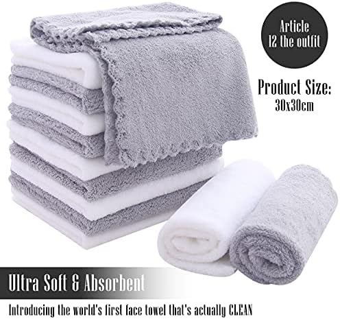TENSTARS 12 Pack Premium Washcloths Set - Quick Drying- Soft Microfiber Coral Velvet Highly Absorbent Wash Clothes - Multipurpose Use as Bath, Spa, Facial, Fingertip Towel (Grey and White)
