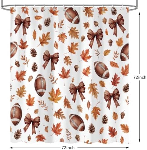 Fall Shower Curtain, Autumn American Football Maple Leaf Bathroom Curtain Set, Fall Thanksgiving Harvest Bath Curtain Decor Waterproof Fabric 72X72in