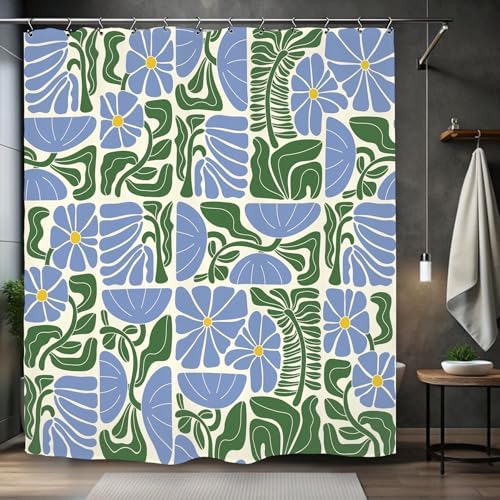 Matisse Flower Shower Curtain 60Wx72L Inch Abstract Retro Aesthetic Minimalist Vintage Art 70s Modern Violet Blue Green Bathroom Set Accessories Decor with 12 Pack Hooks