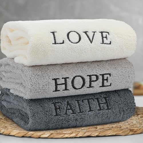 FuWeave 3 Pcs Gray Decorative Hand Towels for Bathroom, Faith Hope Love