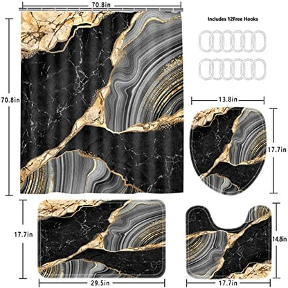 Nkzply 4Pcs Black Shower Curtain Bathroom Sets with Shower Curtain and Rugs