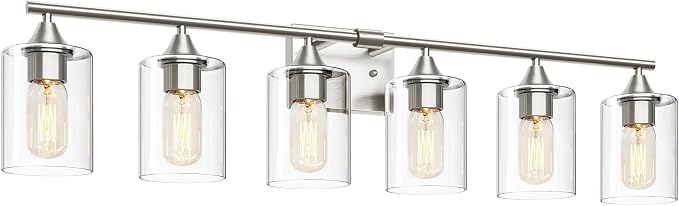 6-Light Bathroom Lighting Fixtures Over Mirror,Brushed Nickel Light Fixture Bathroom,Vanity Light with Clear Glass Shade,Modern Wall Lights for Mirror Bedroom Living Hallway