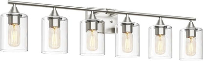 6-Light Bathroom Lighting Fixtures Over Mirror,Brushed Nickel Light Fixture Bathroom,Vanity Light with Clear Glass Shade,Modern Wall Lights for Mirror Bedroom Living Hallway
