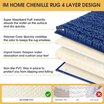 ACCUMTEK Upgrade Luxury Denim Blue Bathroom Rug Mat 32"x20", Ultra Soft Thick Absorbent Bath Mats, Non Slip Chenille Toilet Mat for Bathroom, Bedroom, Kitchen, Shower, Tub