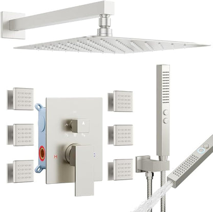 Brushed Nickel Shower System with Body Jets, STARBATH 12 Inch Rainfall Shower and Handheld Spray, Wall Mounted Full Body Shower System Rough-in Mixer Pressure Balance Valve Shower Faucet Set Complete