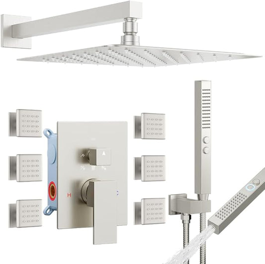 Brushed Nickel Shower System with Body Jets, STARBATH 12 Inch Rainfall Shower and Handheld Spray, Wall Mounted Full Body Shower System Rough-in Mixer Pressure Balance Valve Shower Faucet Set Complete