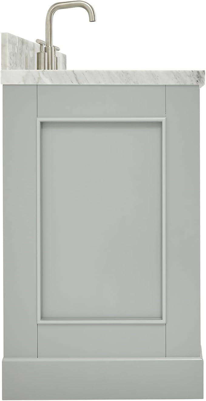 Langford 60-inch Grey Bathroom Vanity with Center Rectangle Single Sink, Italian Carrara Marble Countertop & Backsplash, Solid Wood Frame, Soft-Closing & Dovetail Drawers