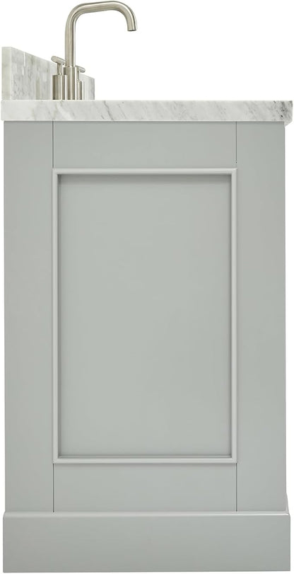 Langford 60-inch Grey Bathroom Vanity with Center Rectangle Single Sink, Italian Carrara Marble Countertop & Backsplash, Solid Wood Frame, Soft-Closing & Dovetail Drawers
