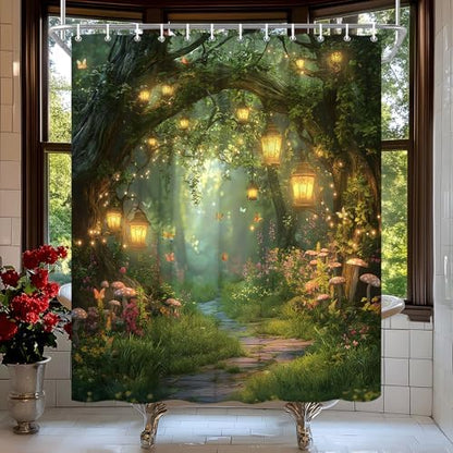 Fantasy Forest Path Shower Curtain Fairy Magical Enchanted Misty Jungle Mushroom Floral Tree Butterfly Lantern Wonderland Plant Bath Curtain Fabric Bathroom Accessories Decor with Hooks 60W x70L
