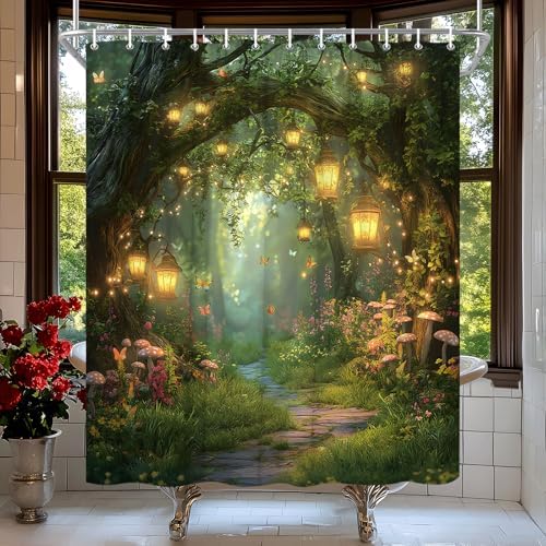 Fantasy Forest Path Shower Curtain Fairy Magical Enchanted Misty Jungle Mushroom Floral Tree Butterfly Lantern Wonderland Plant Bath Curtain Fabric Bathroom Accessories Decor with Hooks 90W x70L