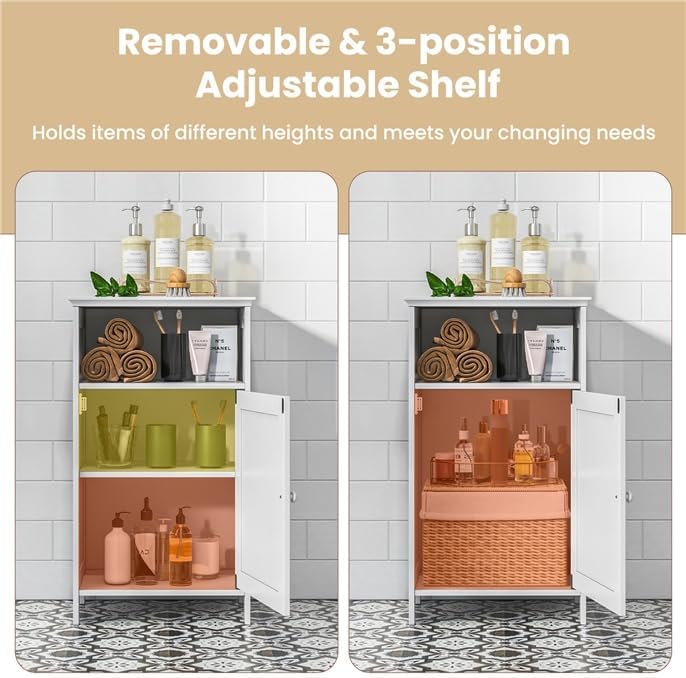 LDAILY Bathroom Cabinet, Freestanding Small Cabinet with Door, 3-Position Adjustable and Removable Shelf, Anti-Tipping Device, Wooden Floor Organizer for Bathroom, Kitchen, Office (White)