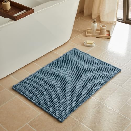 Triohero Waffle Bath Mat, Boho Bathroom Rugs Non Slip, 24x36 Denim Blue