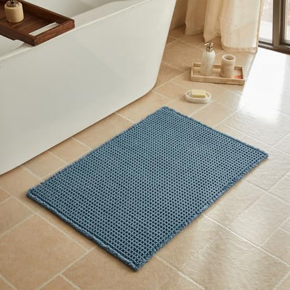 Triohero Waffle Bath Mat, Boho Bathroom Rugs Non Slip, 24x36 Denim Blue