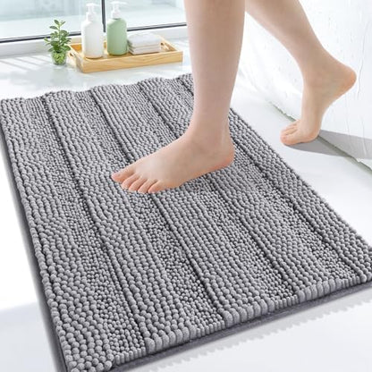 Grandaily Chenille Striped Bathroom Rugs 24x16, Extra Thick and Soft Absorbent Bath Mats, Rubber Backing, Plush Shaggy Shower Carpet, Machine Wash Dry, Bath Rug for Bathroom, Grey
