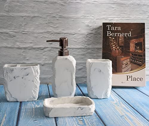 Hymmah Marble Bathroom Accessories Set,Marble Design Toothbrush Holder,Farmhouse Bathroom Decor,4 Pcs Resin Gift Set Apartment Necessities, Contain Toothbrush Cup,Soap Dispenser,Soap Dish,Tumbler
