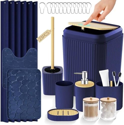 Navy Blue Bathroom Accessories Set, Bathroom Set with Shower Curtain and Rugs, Trash Can, Toilet Brush with Holder, Soap Dispenser, Toothbrush and Toothpaste Holder, Cup, Soap Dish, Qtip Holders
