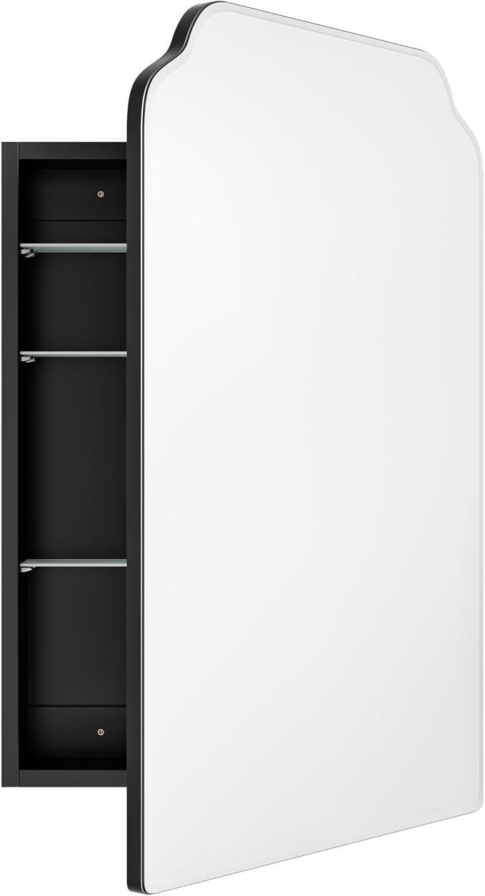 AGDULL Recessed Medicine Cabinet with Arched Mirror, Overall 17.5"x29" | Bathroom Wood Black Wall Cabinet with Mirror, Soft-Closed Hinges, Fully Assembled, Surface Mount Option, Right-Swing Door