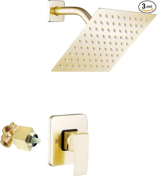 Brushed Gold Shower Faucet GGStudy Single Function Shower Trim Kit with Rough-in Valve Shower Set Bath Rainfall Shower Faucet System 8inch Square Stainless Steel Metal Shower Head