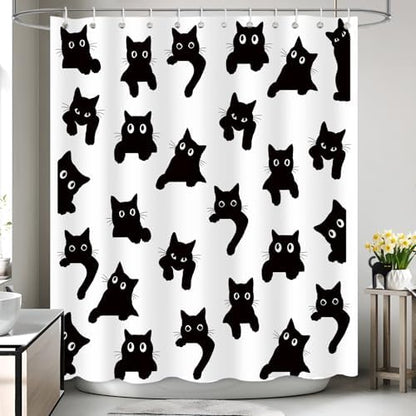 APROPHIC Cute Cat Shower Curtain 72x72 Inches, Funny Black Kitten Pattern Waterproof Polyester Bathroom Decor for Bathtub, Machine Washable Privacy Curtain for Bathroom, Bedroom with 12 Hooks