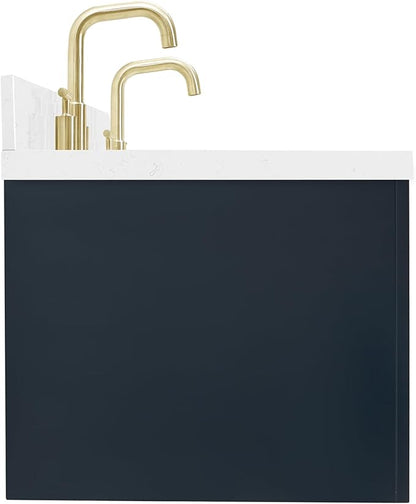 ARIEL Hutton 60-inch Bathroom Vanity with Sink,Solid Wood, 1.5-inch Carrara White Quartz Countertop & Backsplash, Double Rectangular Porcelain Sink, 3 Dovetail Drawers, Midnight Blue