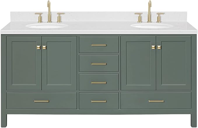 ARIEL Cambridge 72-inch Bathroom Vanity with Sink,Solid Wood, 1.5-inch Carrara White Quartz Countertop, Double Oval Porcelain Sink, 4 Soft Closing Doors, 6 Dovetail Drawers, Vintage Green