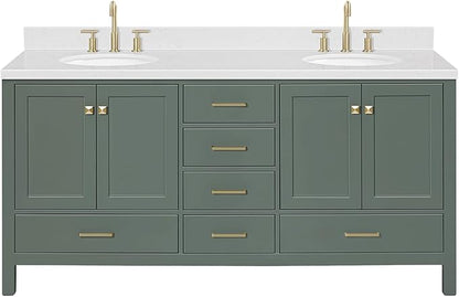 ARIEL Cambridge 72-inch Bathroom Vanity with Sink,Solid Wood, 1.5-inch Carrara White Quartz Countertop, Double Oval Porcelain Sink, 4 Soft Closing Doors, 6 Dovetail Drawers, Vintage Green