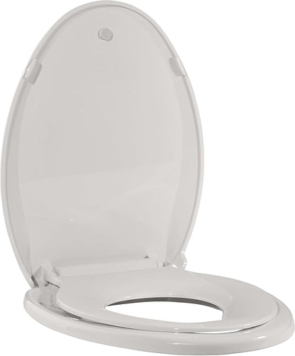 Elongated Toilet Seat for Adult and Child, 19" Biscuit Built-In Potty Training, Soft Quiet Close Non-Slip Design with Magnetic Children's Seat and Cover for Elongated Oval Toilets, Easy Install