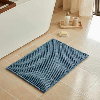 Triohero Waffle Bath Mat, Boho Bathroom Rugs Non Slip, 20x30 Denim Blue